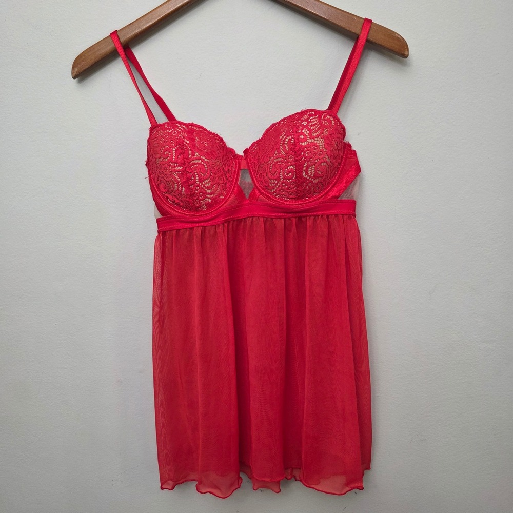 Jezebel Babydoll Chemise Womens Small‎ Red Lace Underwire Sheer Mesh Romantic